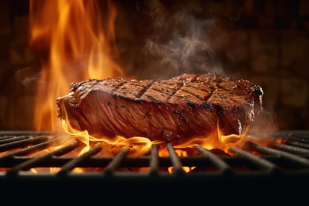 A steak on a grill with flames on the background