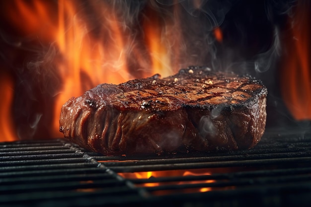 A steak on a grill with flames in the background.