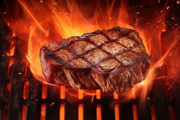 A steak on a grill with flames on the background