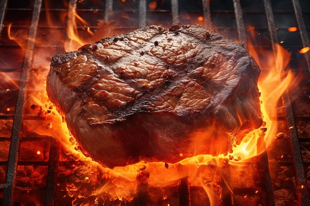 A steak on a grill with flames on the background