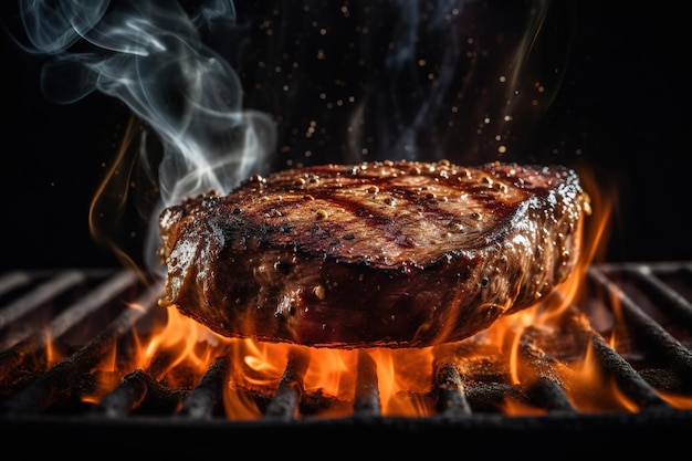 A steak on a grill with flames and smoke