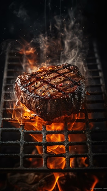 A steak on a grill with flames and smoke.