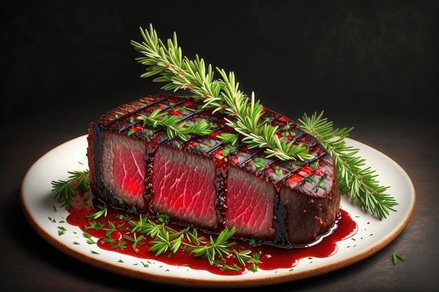 a steak on a grill with a rosemary sprig on top of it and a black background