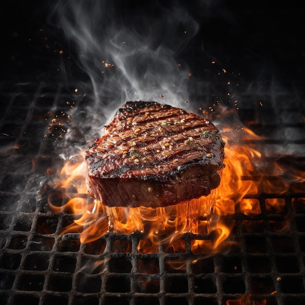 A steak on a grill with smoke coming out of it