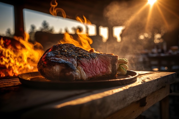 A steak on a grill with the sun behind it