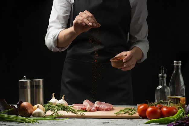 Steak for grilling for chefs. Preparation of fresh beef or pork. 