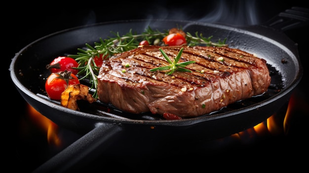 a steak is being cooked in a pan with a fire behind it