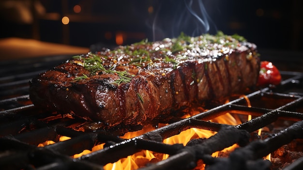 a steak is cooking on a grill with a fire in the background.