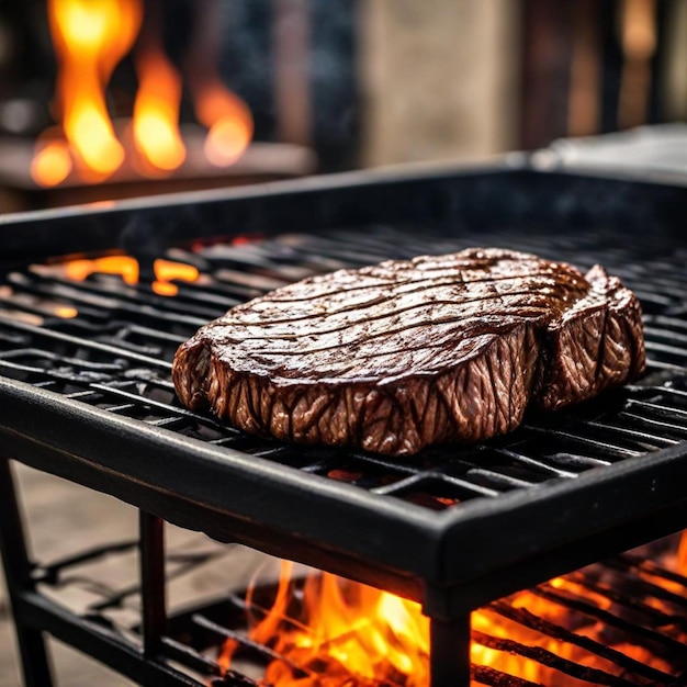 a steak is cooking on a grill with a fire behind it