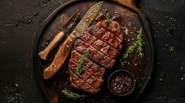 Steak meat served on a wooden board rosemary and pepper