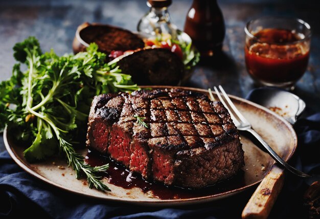 Photo a steak on a plate with a fork and knife