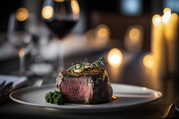 A steak on a plate with a glass of red wine