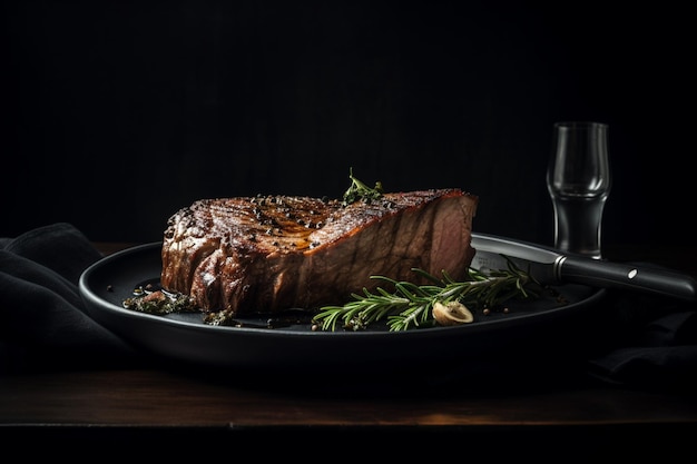 A steak on a plate with a glass of wine on the side.