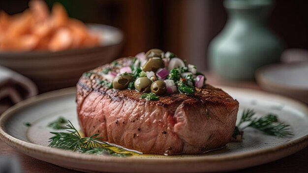 A steak on a plate with a green salad Generative AI