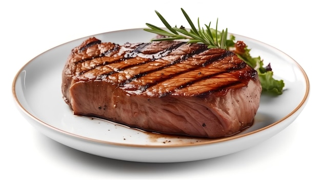 A steak on a plate with a sprig of rosemary on it.