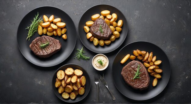 Photo a steak and potatoes are on a table with a plate of potatoes and potatoes