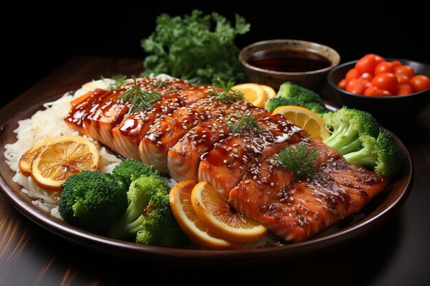 steak salmon fish grill and teriyaki saucemiso soupvegetable salad on dish Japanese food