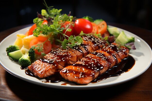 steak salmon fish grill and teriyaki saucemiso soupvegetable salad on dish Japanese food