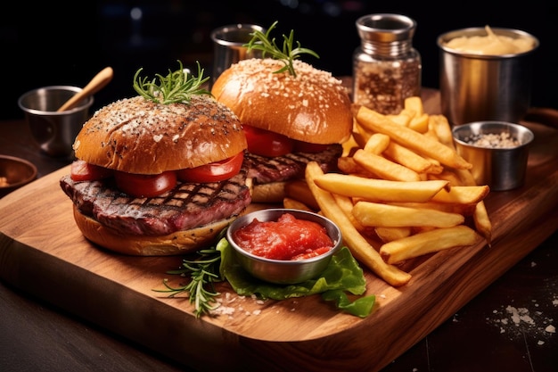 Steak Sandwich and French Fries on Cutting Board