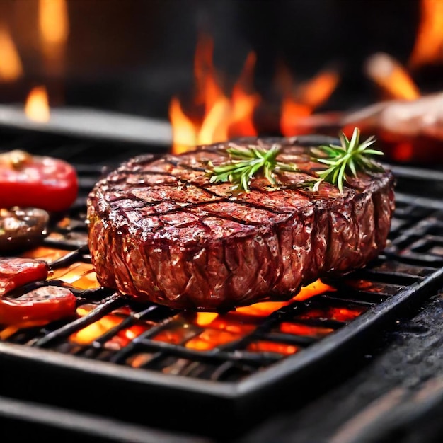 a steak and some vegetables cooking on a grill