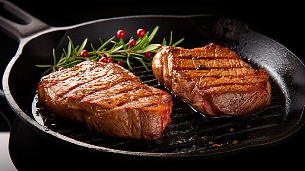 a steak and steak are on a grill with a black background