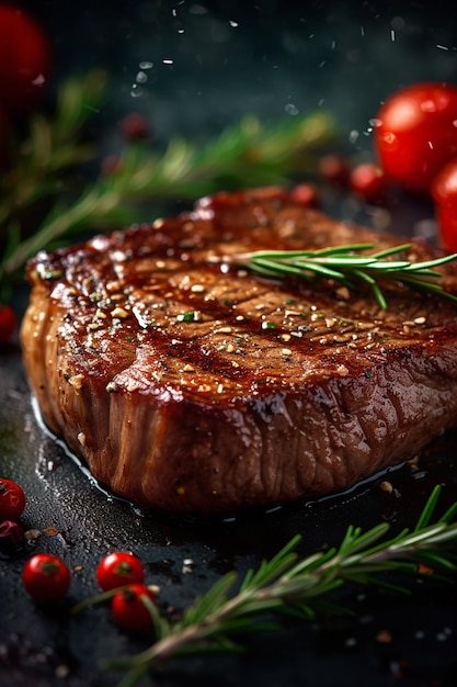 A steak on a stone surface with red berries and rosemary on the side.