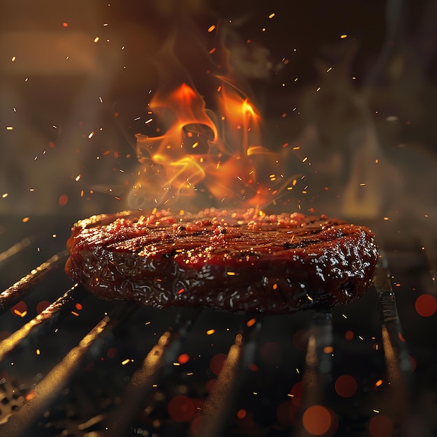 a steak that is cooking on a grill with flames