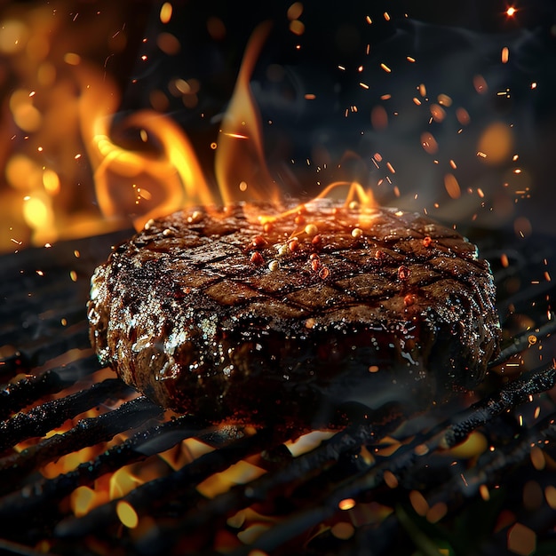 a steak that is on a grill with flames