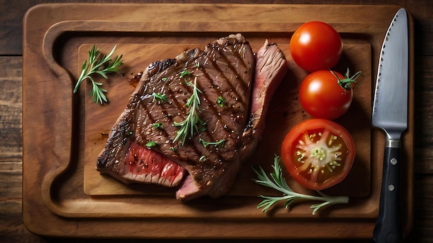 a steak and tomatoes on a wooden cutting board with a tomato