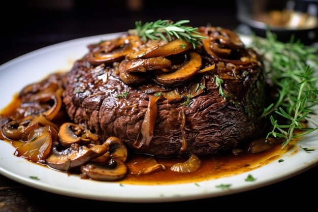 Photo steak topped with caramelized onions and mushrooms