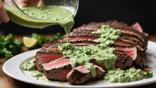 A steak on a white plate with green sauce being poured over it