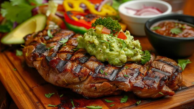 a steak with avocado and avocado on a table