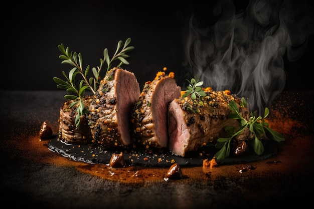 A steak with a black background and a sprig of rosemary on the top.