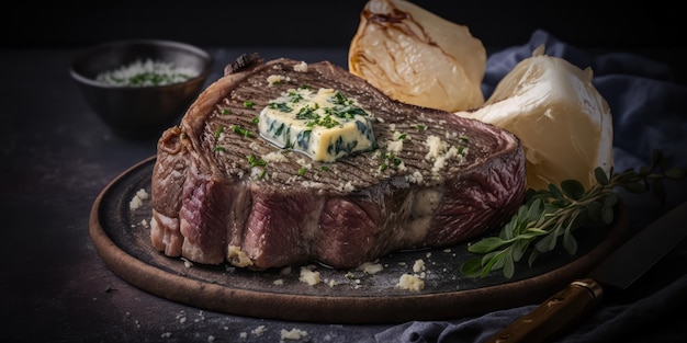 A steak with a blue cheese on top