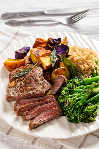 Steak with broccoli top view