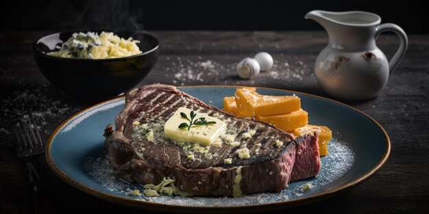 A steak with butter on it and a bowl of cheese on the side.