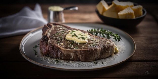 A steak with a buttered top of it sits on a plate with a plate of butter and a plate of butter.