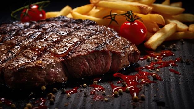 Steak with French fries and sauce on black background Steak with French fries and sauce on black bac