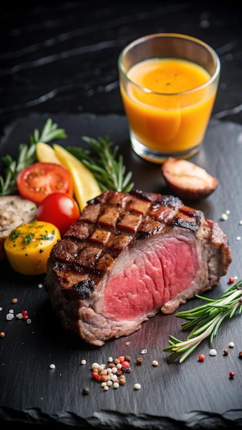 Photo a steak with a glass of juice next to it