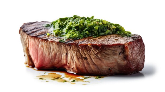 A steak with a green herb sauce on it