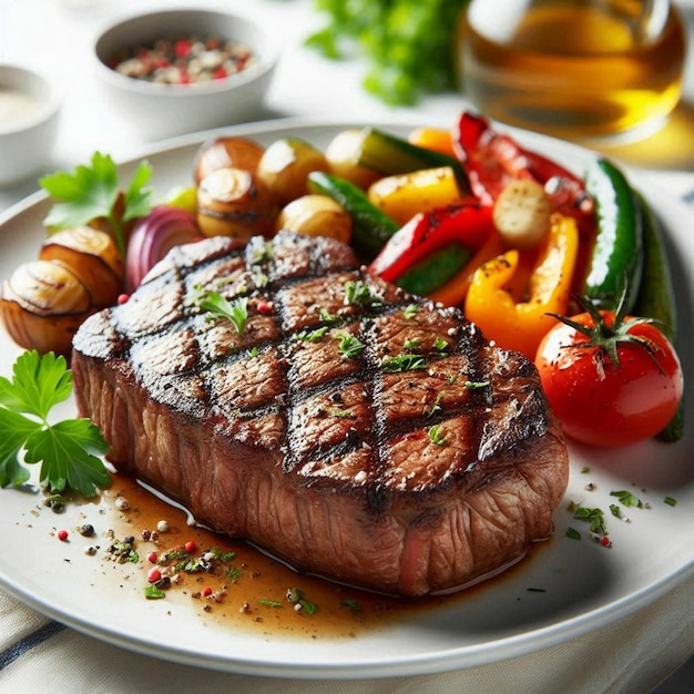 a steak with a green leaf on the top of it