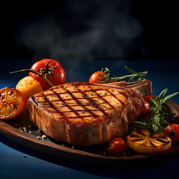 A steak with a grill mark on it and tomatoes on the side.