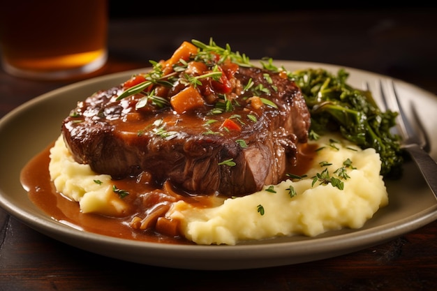 Steak with mushroom sauce and mashed potato closeup Generative AI