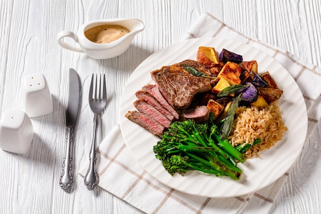 Steak with mustard sauce top view