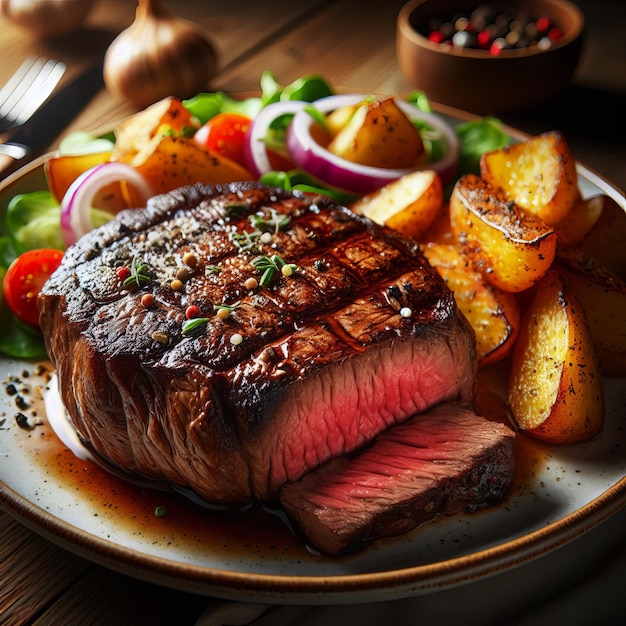 a steak with onions tomatoes and onions on a plate