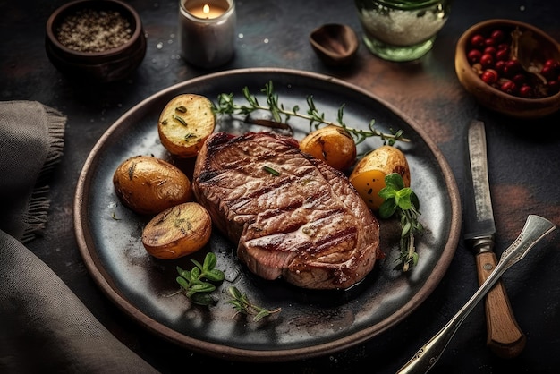 A steak with potatoes and herbs on a plate