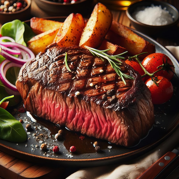 a steak with potatoes and tomatoes on a plate with potatoes and tomatoes