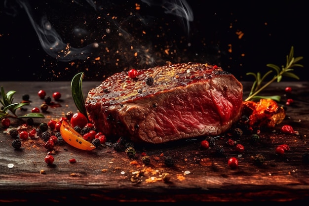 A steak with red berries on it and a black background