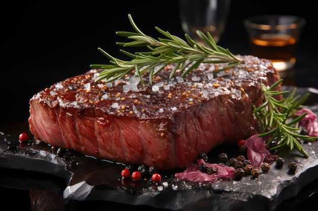 steak with salt and pepper on black background ai generated