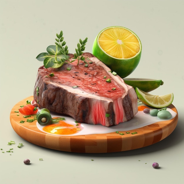 A steak with a slice of meat on it and lemons on the side.